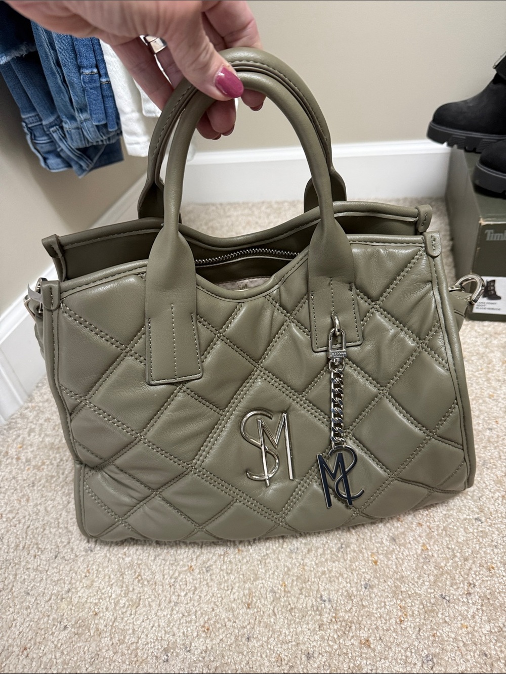 Steve Madden Quilted Olive Satchel with Chain Charm